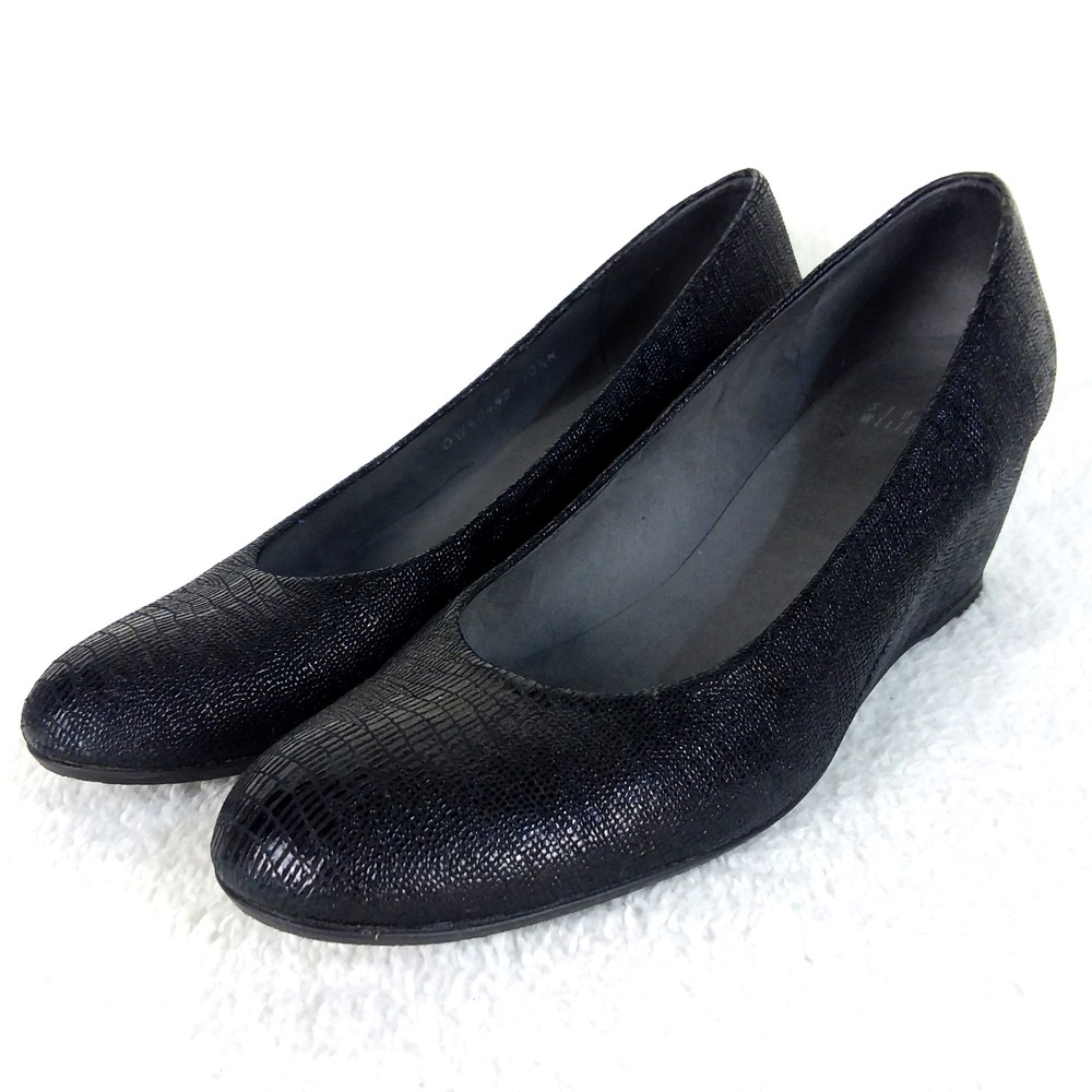 Stuart Weitzman Laidback Lizette Wedge Heels Black Textured Shoes Women's 10.5N